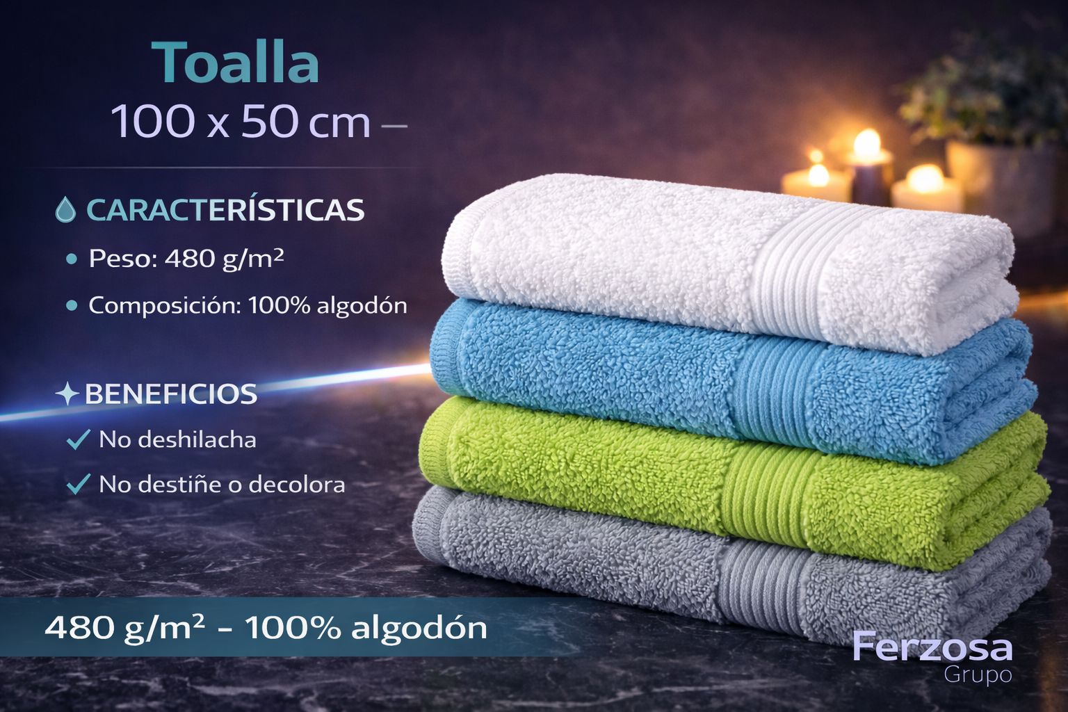 Toalla 100 x 50 cm 100% Algodón de 480 gr/m2 al por Mayor desde $6.50