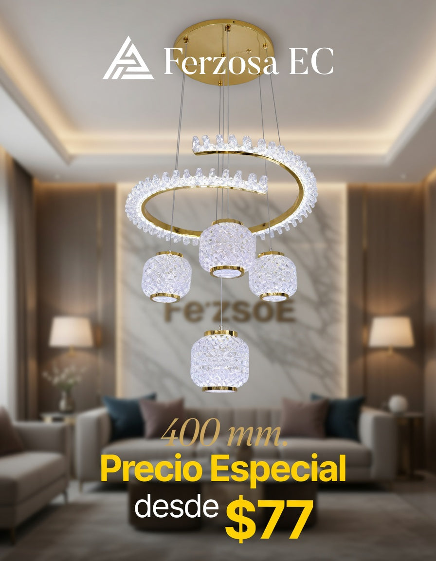 Lámpara LED Colgante Anillo Circular con Flecos de Cristal y Globos Dorados al por mayor desde $77