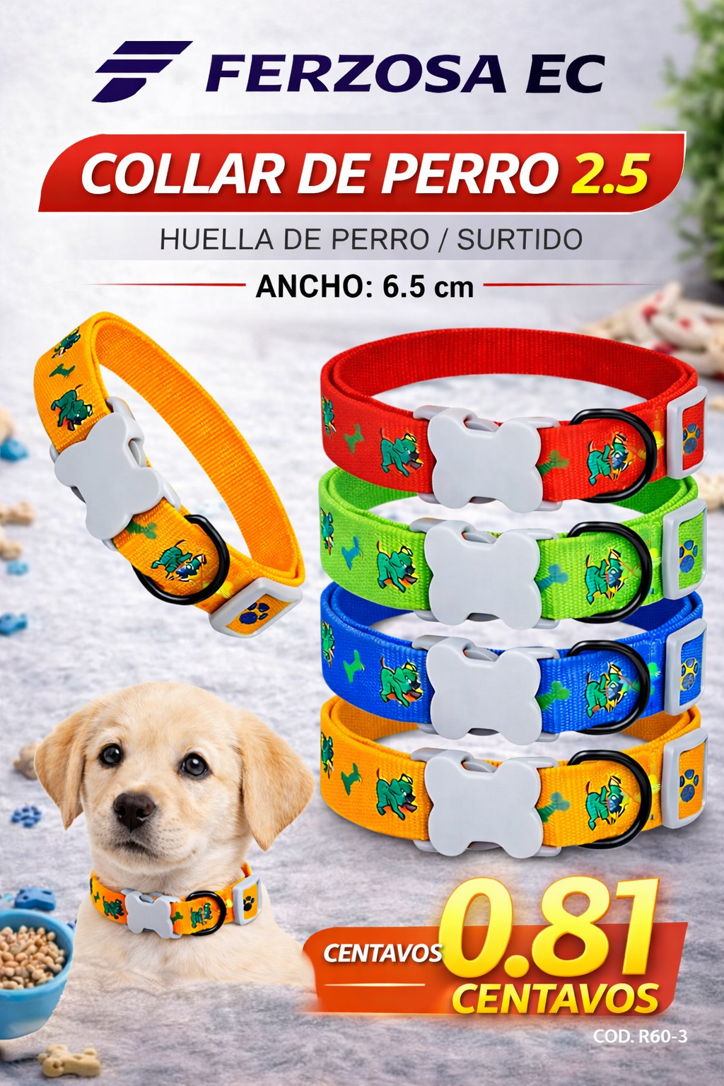 Collar para Perro Huellas  6.5cm al Por Mayor desde 0.81 para Bultos de 480 unidades