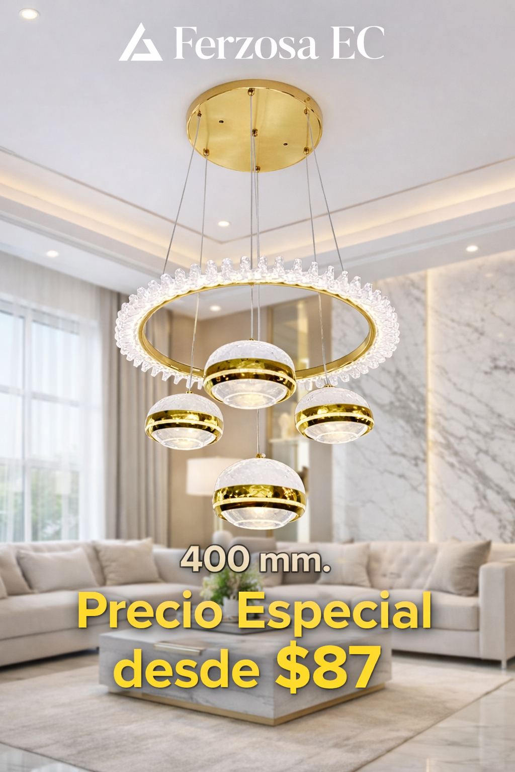 Lámpara LED Colgante Anillo Circular con Flecos de Cristal y Globos Dorados al por mayor desde $90