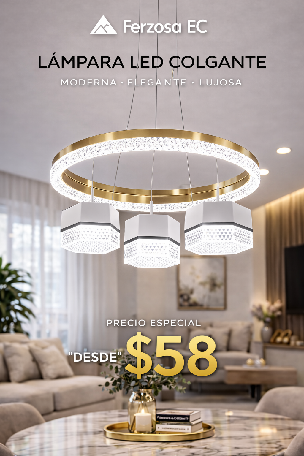 Lámpara LED Colgante Anillo Dorado Doble con Tres Prismas Hexagonales de Cristal al por mayor desde $54