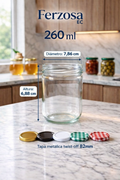 Envases de Vidrio Boca Ancha de 260ml con Tapa al por Mayor Desde 0.82C/u para 96 Unidades