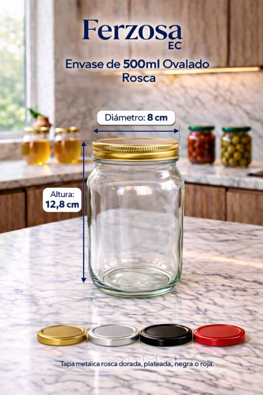 Envases de Vidrio Boca Ancha de 500ml Ovalado Rosca con Tapa al por Mayor Desde 1.06C/u para 96 Unidades