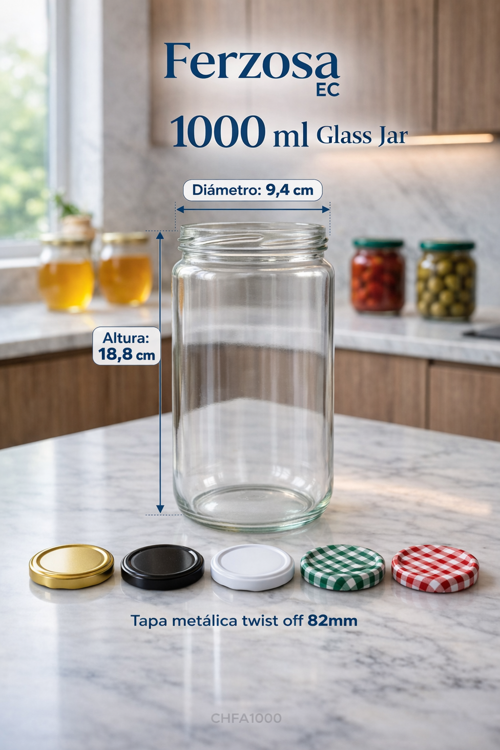 Envases de Vidrio Boca Ancha de 1000ml Glass Jar con Tapa al por Mayor Desde 0.72C/u para 96 Unidades