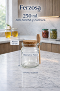 Envases de Vidrio Boca Ancha de 250ml con corcho y cuchara al por Mayor Desde 1.17C/u para 96 Unidades