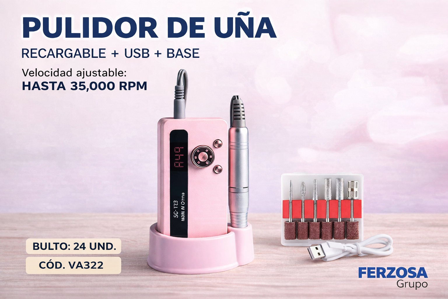 Pulidor de Uñas con Repuestos 35000 RPM Al Por Mayor Desde $24.00 c/u En Bultos 24 Unidades