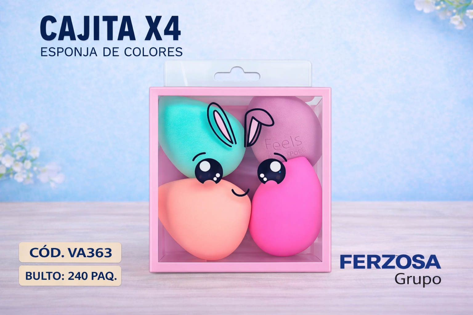 Esponja de Maquillaje de Colores Caja de 4 Unidades Al Por Mayor Desde $1.00 c/u Bultos de 240 Cajas