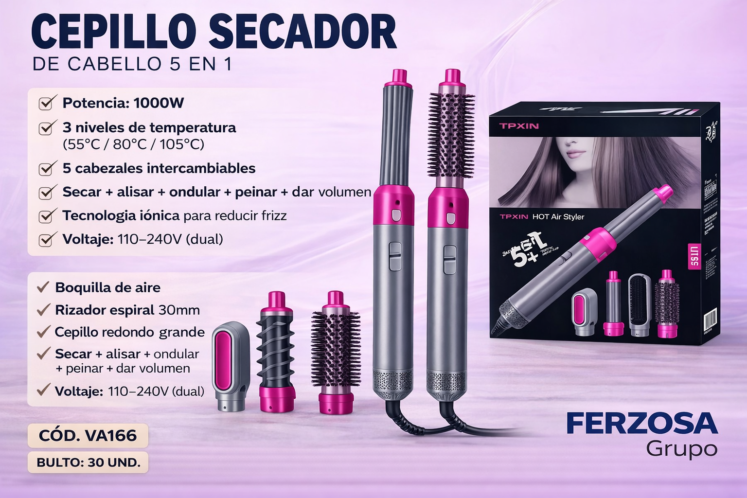 Cepillo Secador 1000W 5 en 1 Al Por Mayor Desde $13.00 c/u Bultos de 30 Unidades