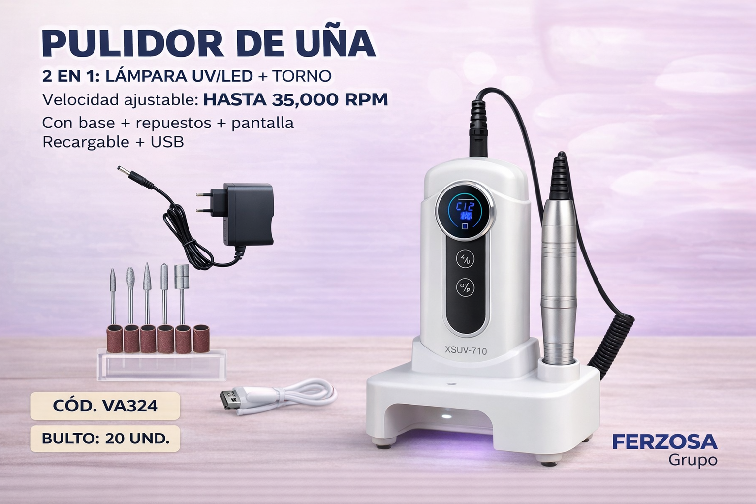 Pulidor de Uñas con Repuestos 35000 RPM con Lampara UV 6LED Al Por Mayor Desde $28.00 c/u En Bultos 20 Unidades