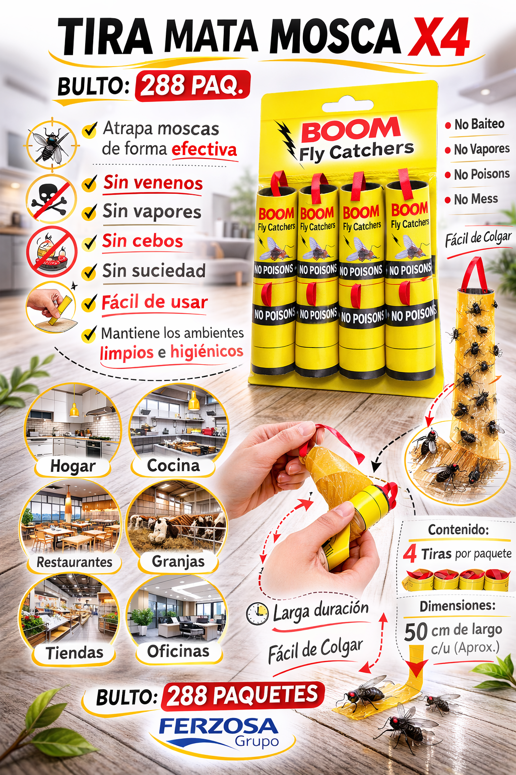 Tira Mata Moscas Paquetes 4 Unidades al Por Mayor Desde $0.75 c/u Bultos de 288 Paquetes
