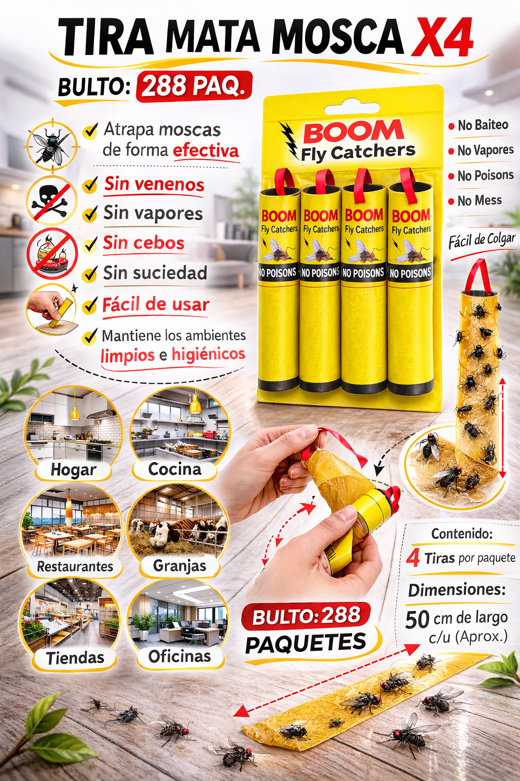 Tira Mata Moscas Paquetes 4 Unidades al Por Mayor Desde $0.75 c/u Bultos de 288 Paquetes