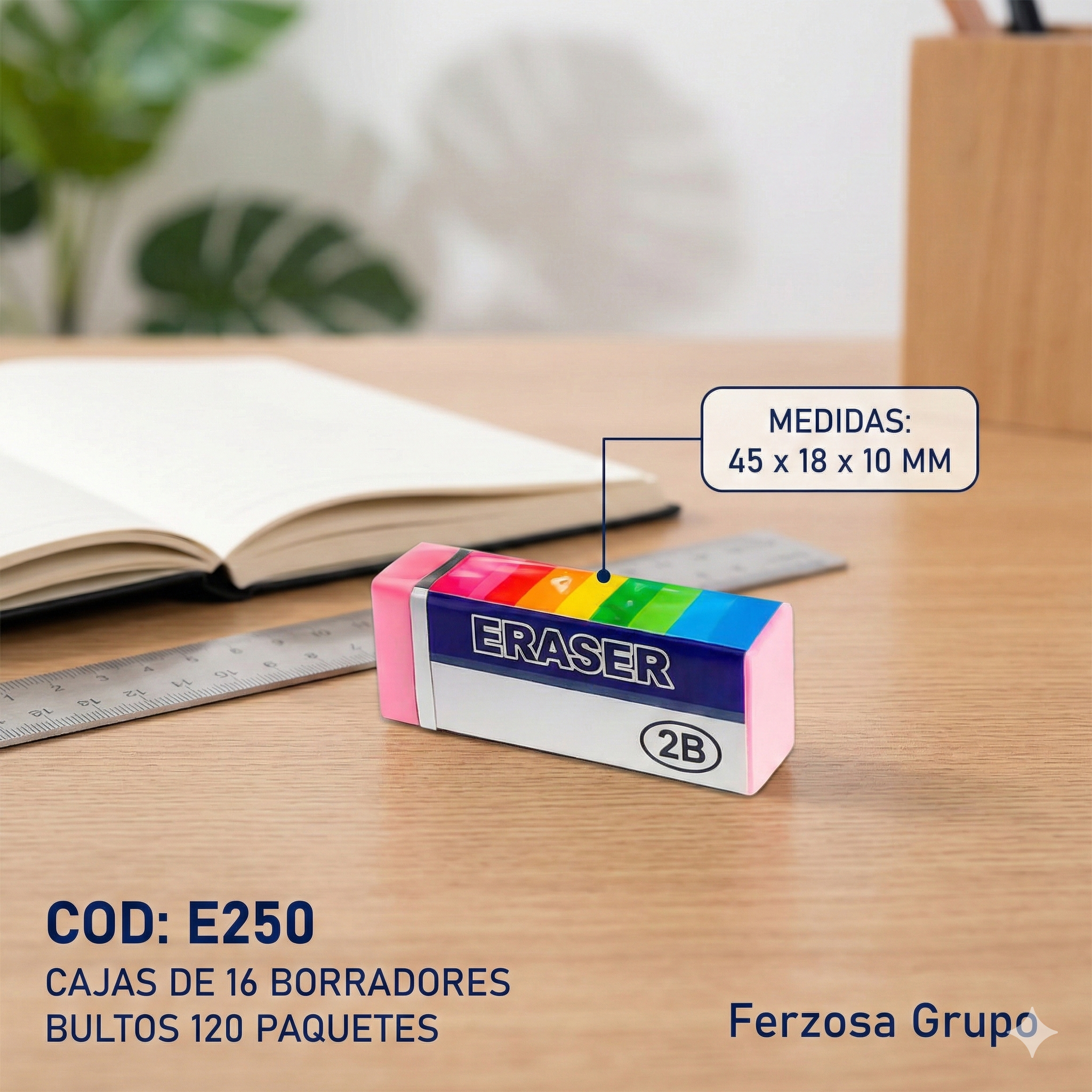 Borrador Color Medidas 45*18*10mm Al Por Mayor Desde $0.13 c/u Cajas De 16 Unidades-Bulto 120 cajas