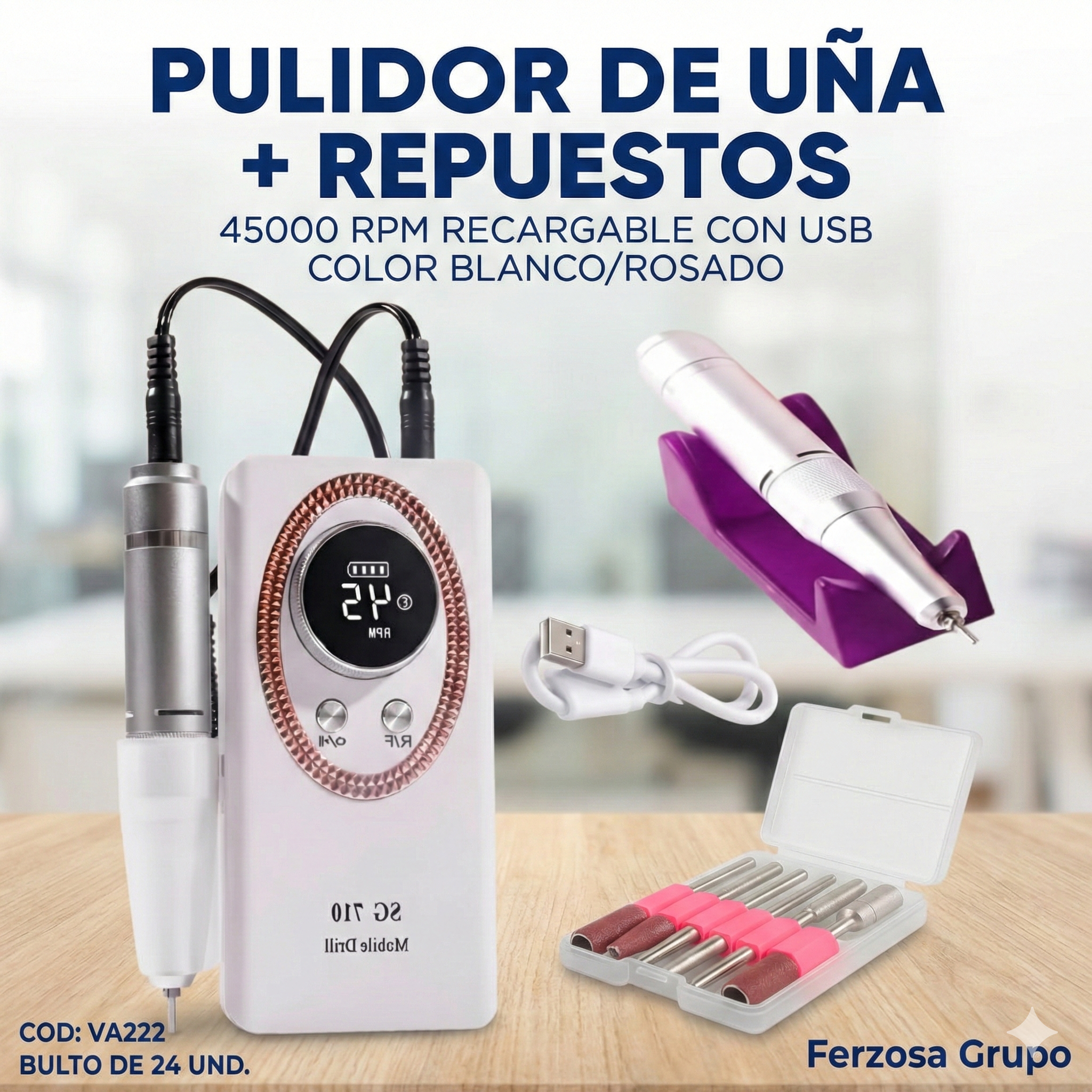 Pulidor de Uñas con Repuestos 45000 RPM Al Por Mayor Desde $20.00 c/u En Bultos 24 Unidades