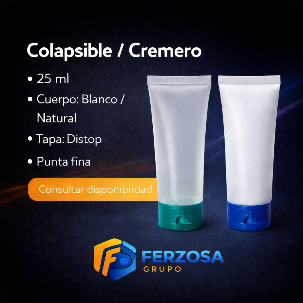 Colapsible Cremero Plástico 25ml/cc Tapa Distop al Por Mayor Desde $0.26 x 300 Unidades