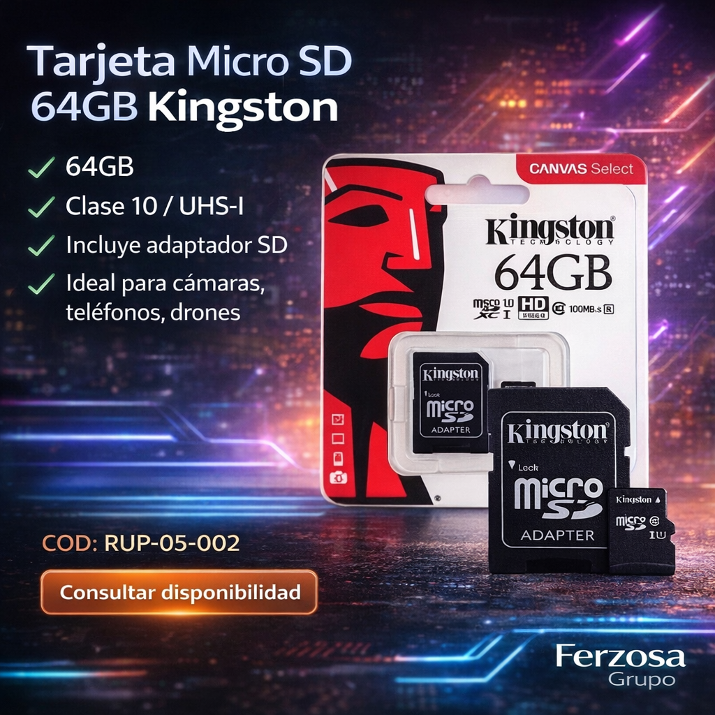 Tarjeta de Memoria Kingston Micro, SD de 64Gb clase 10 al por mayor desde $6 C/u por Bulto de 100 unidades