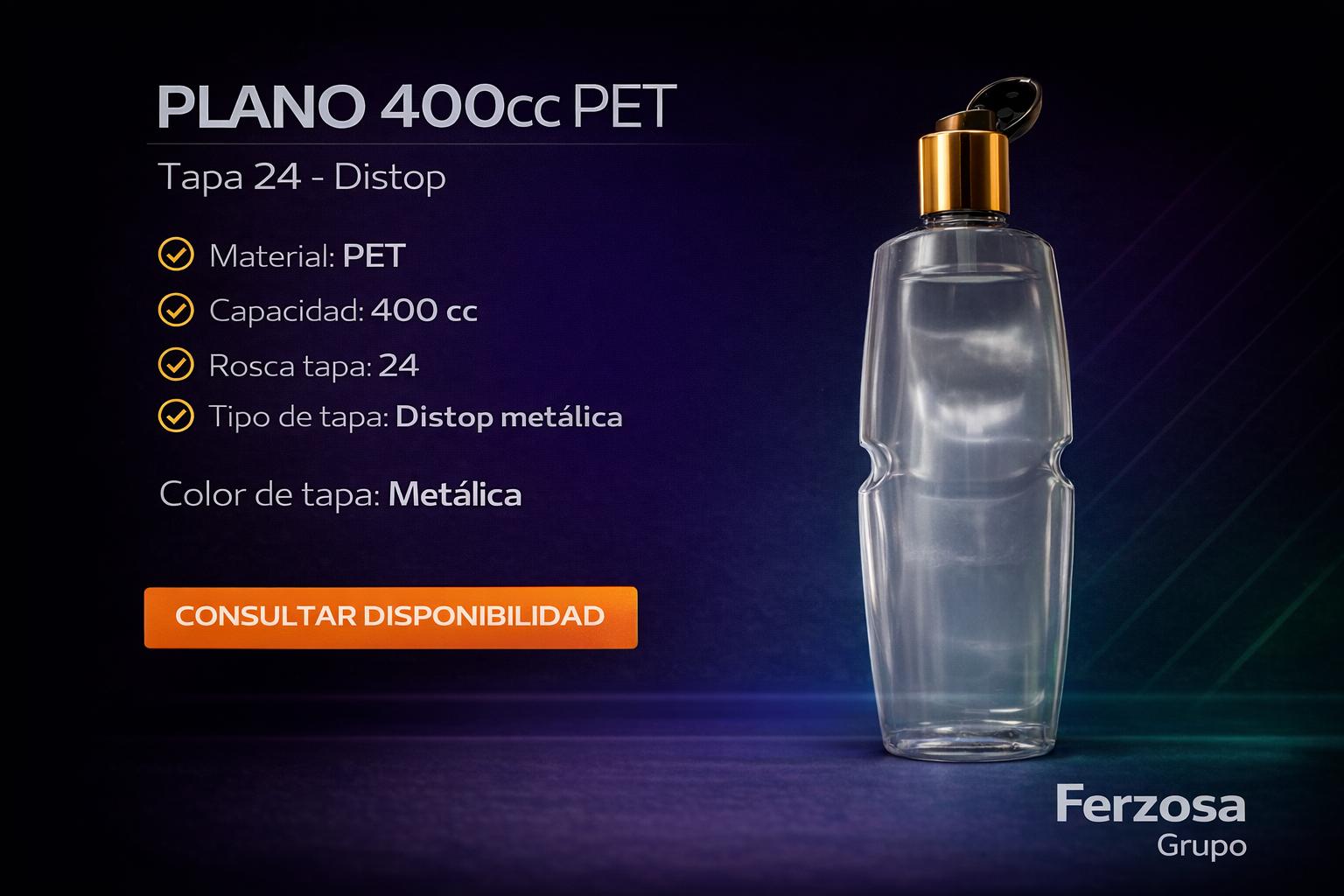 Envase Botella Plástica Plano PET Distop Metálica 400ml/cc al Por Mayor Desde $0.73 x 300 Unidades