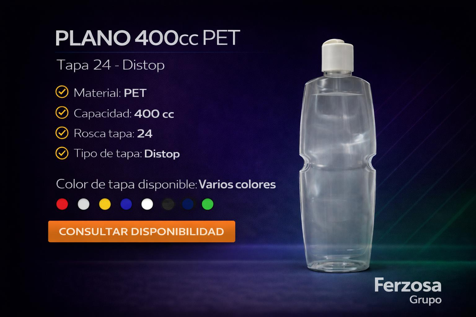 Envase Botella Plástica Plano PET Distop 400ml/cc al Por Mayor Desde $0.58 x 300 Unidades