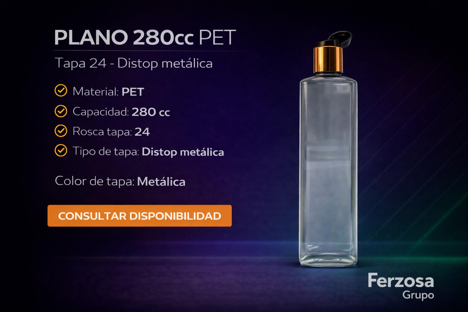 Envase Botella Plástica Plano PET Distop Metálica 280ml/cc al Por Mayor Desde $0.73 x 300 Unidades