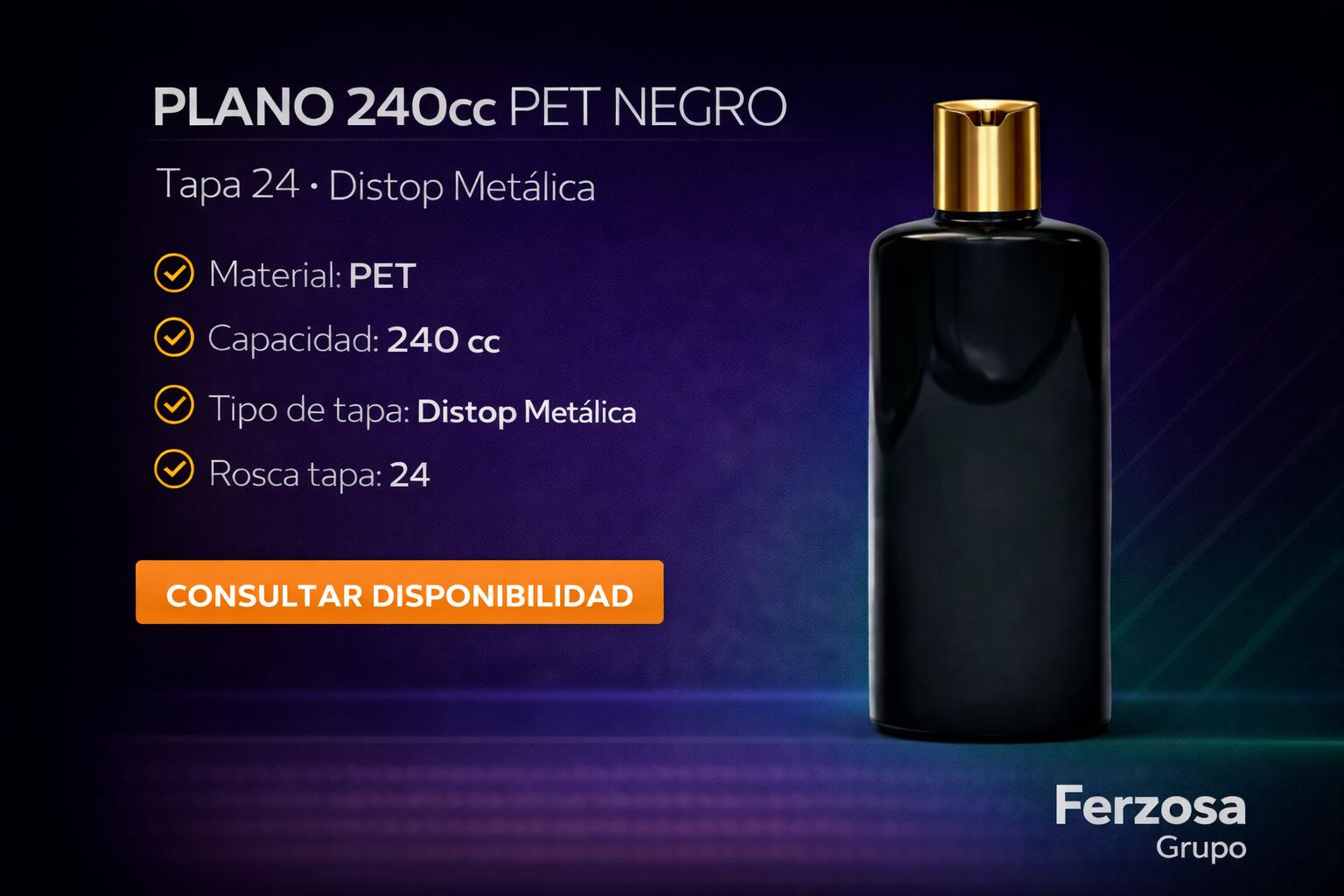 Envase Botella Plástica Plano PET Disptop Metálica 240ml/cc al Por Mayor Desde $0.65 x 300 Unidades
