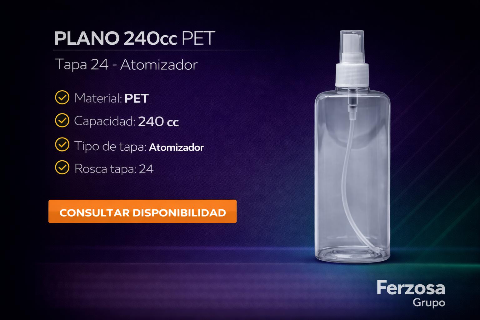 Envase Botella Plástica Plano PET Spray 240ml/cc al Por Mayor Desde $0.70 x 300 Unidades