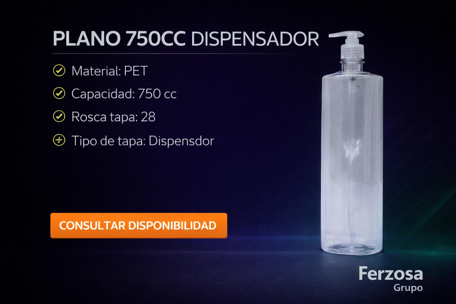 Envase Botella Plástica Plano PET Dispensador 750ml/cc al Por Mayor Desde $0.73 x 300 Unidades