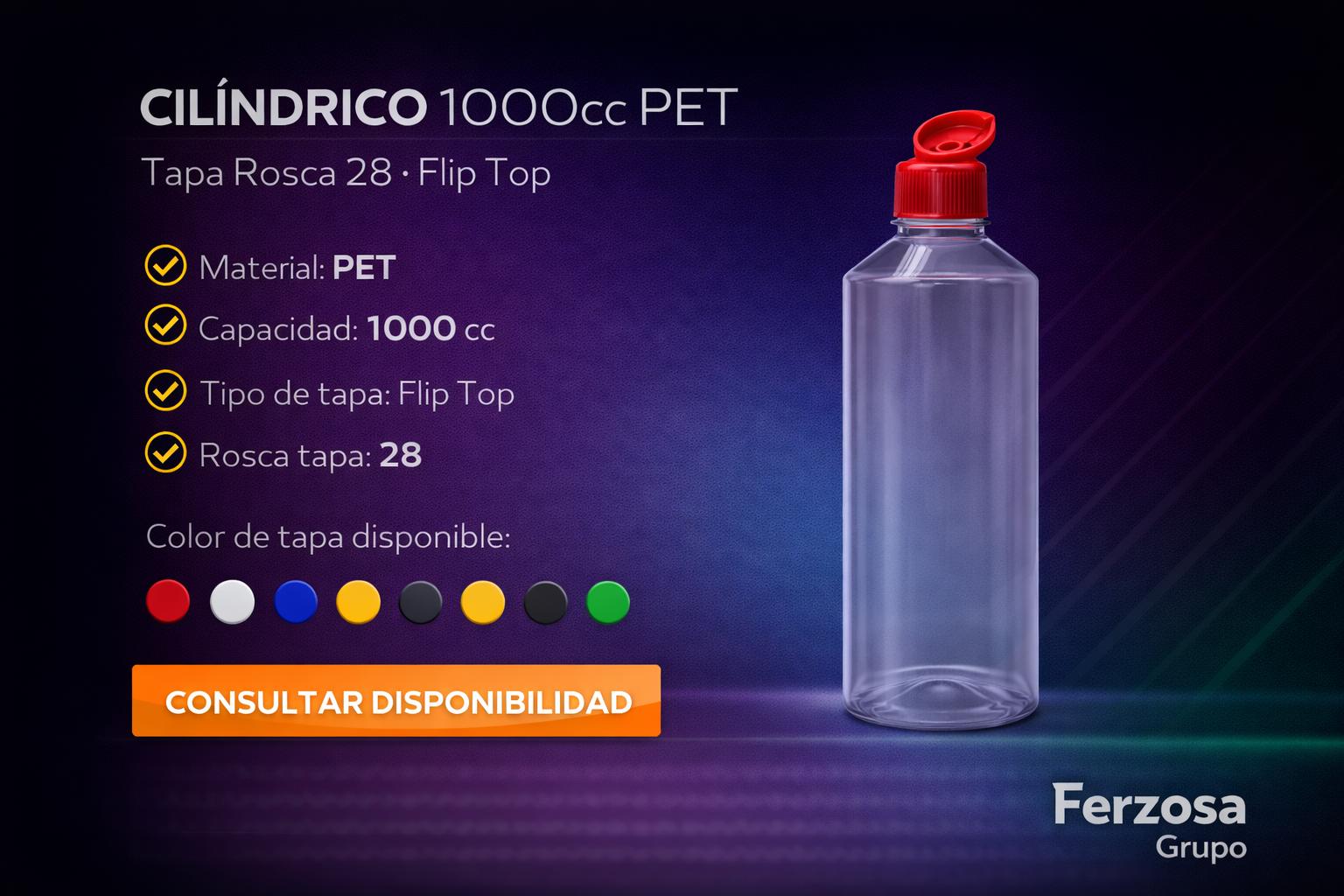 Envase Botella Plástica Cilíndrico PET Fliptop 1000ml/cc al Por Mayor Desde $0.44 x 300 Unidades