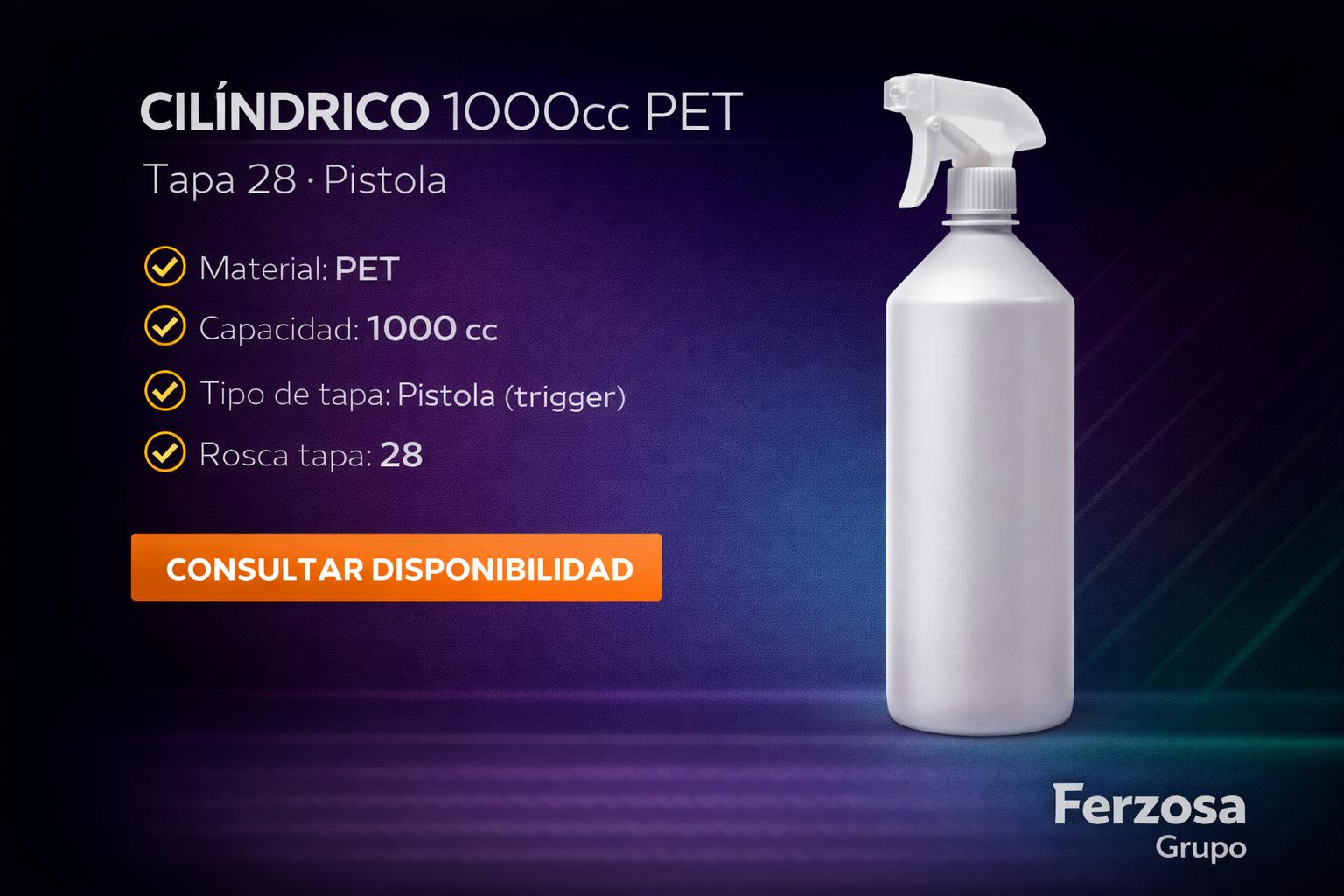 Envase Botella Plástica Cilíndrico PET Spray 1000ml/cc al Por Mayor Desde $0.86 x 300 Unidades