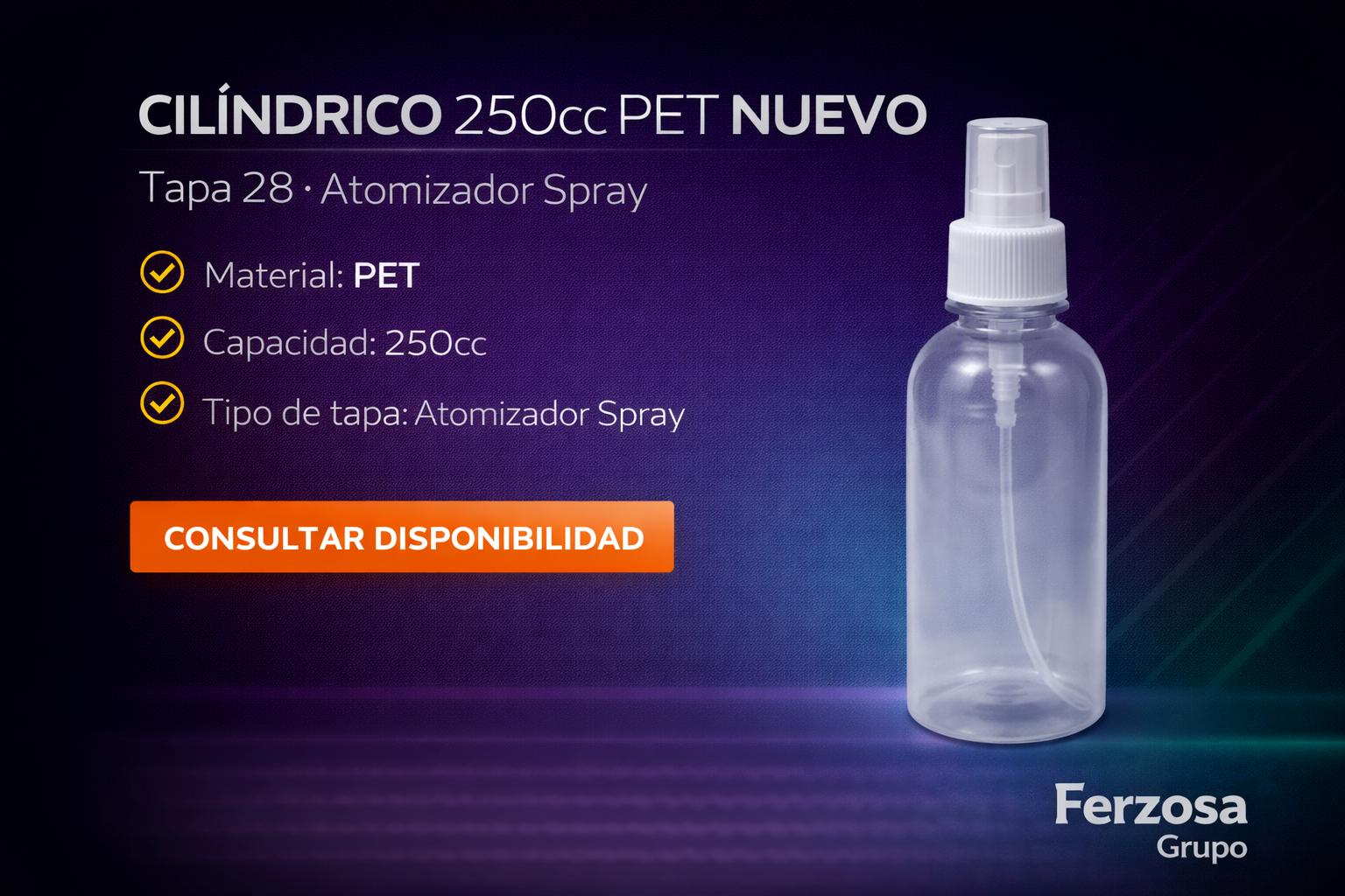 Envase Botella Plástica Cilíndrico PET Spray 250ml/cc al Por Mayor Desde $0.63 x 300 Unidades
