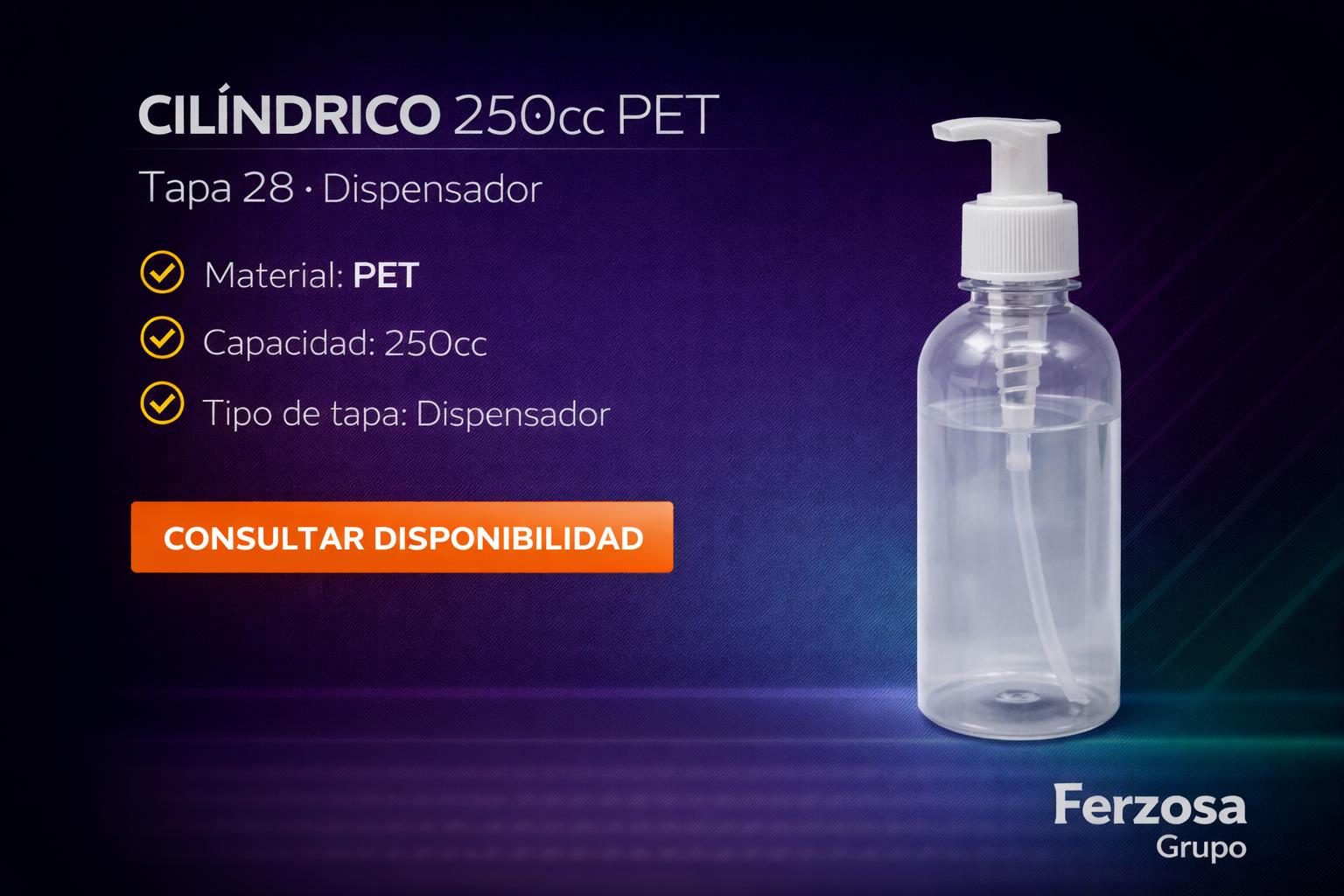 Envase Botella Plástica Cilíndrico PET Dispensador 250ml/cc al Por Mayor Desde $0.63 x 300 Unidades