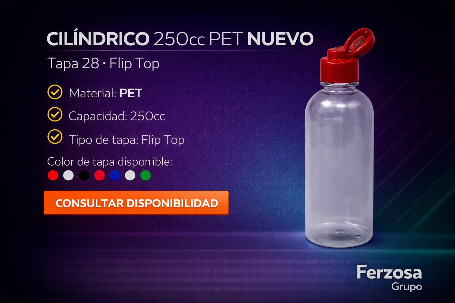 Envase Botella Plástica Cilíndrico PET Fliptop 250ml/cc al Por Mayor Desde $0.34 x 300 Unidades