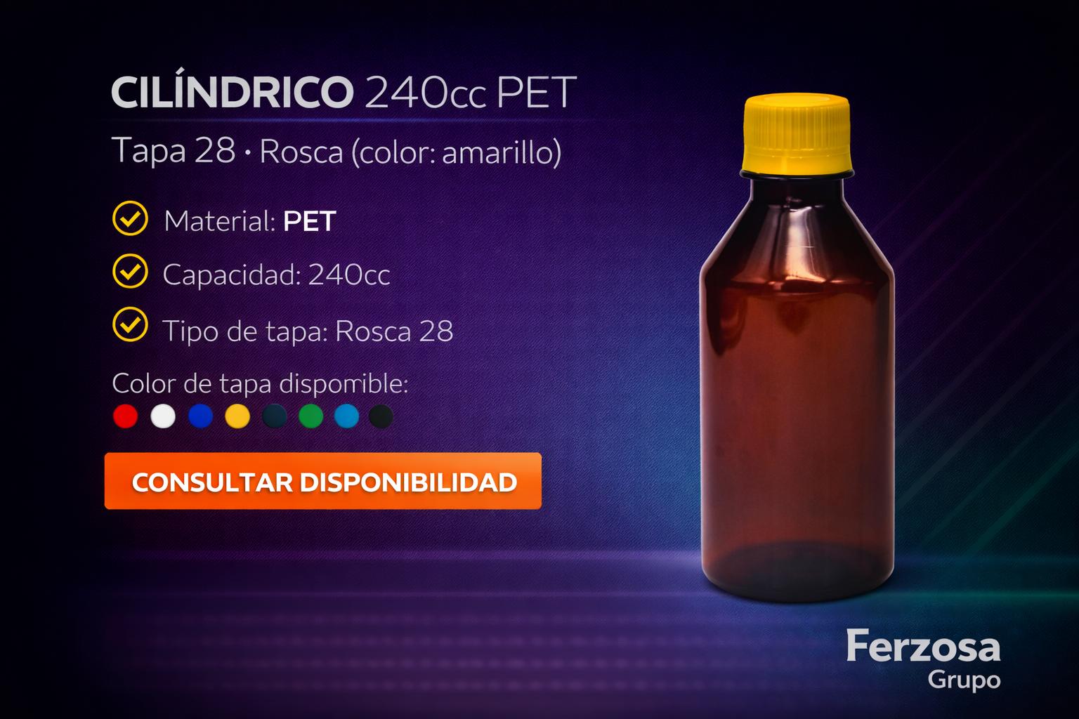 Envase Botella Plástica Cilíndrico PET 240ml/cc al Por Mayor Desde $0.34 x 300 Unidades