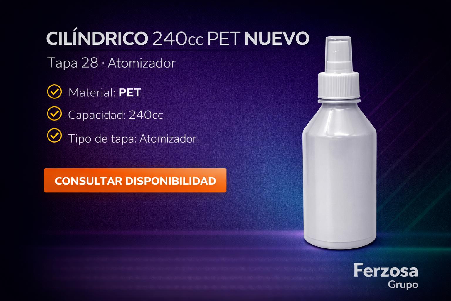 Envase Botella Plástica Cilíndrico PET Spray 240ml/cc al Por Mayor Desde $0.63 x 300 Unidades