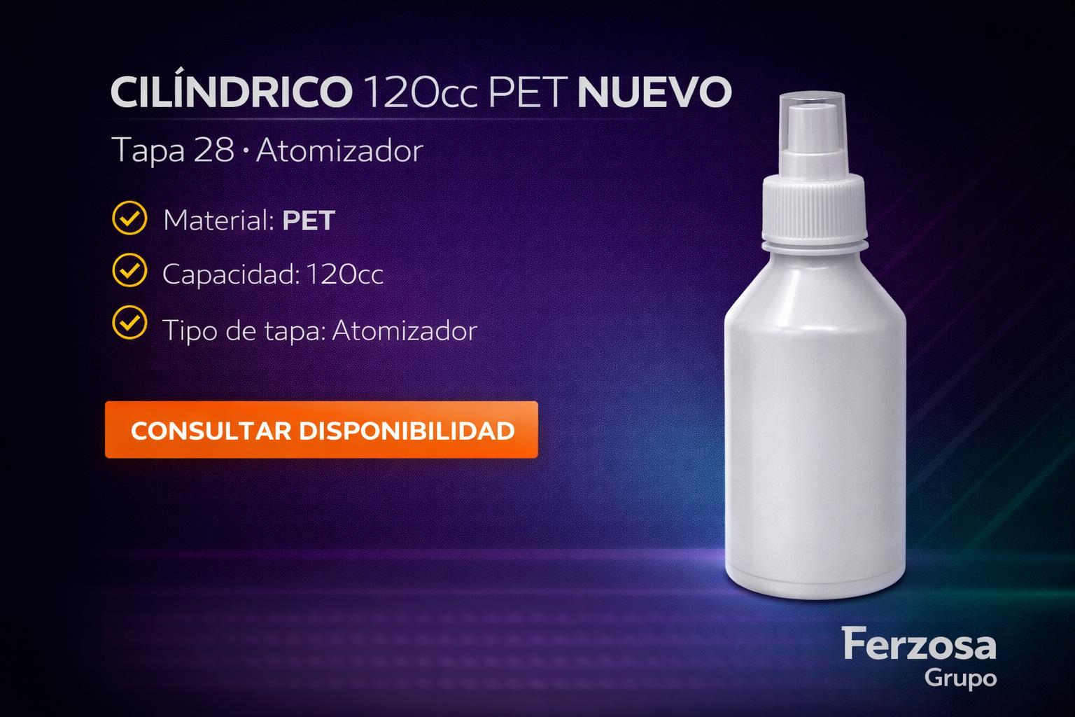 Envase Botella Plástica Cilíndrico PET Spray 120ml/cc al Por Mayor Desde $0.60 x 300 Unidades
