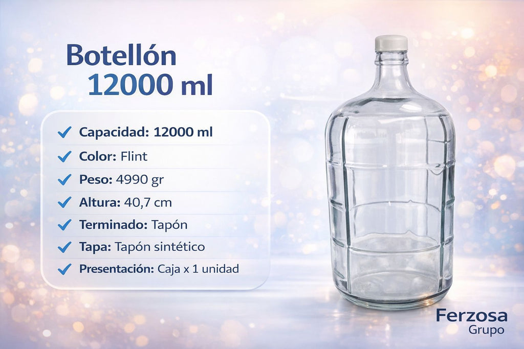 ENVASE BOTELLON DE VIDRIO 12000 ML CON TAPA