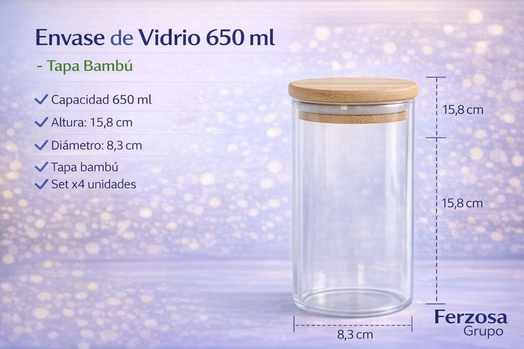 Envase de Vidrio Con Tapa Bambú 650ml Al Por Mayor Desde $3.80 c/u por 24 Unidades
