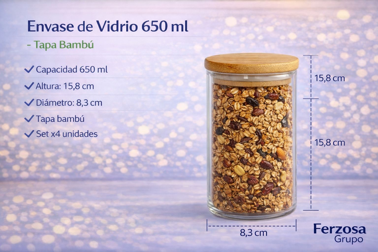 Envase de Vidrio Con Tapa Bambú 650ml Al Por Mayor Desde $3.80 c/u por 24 Unidades