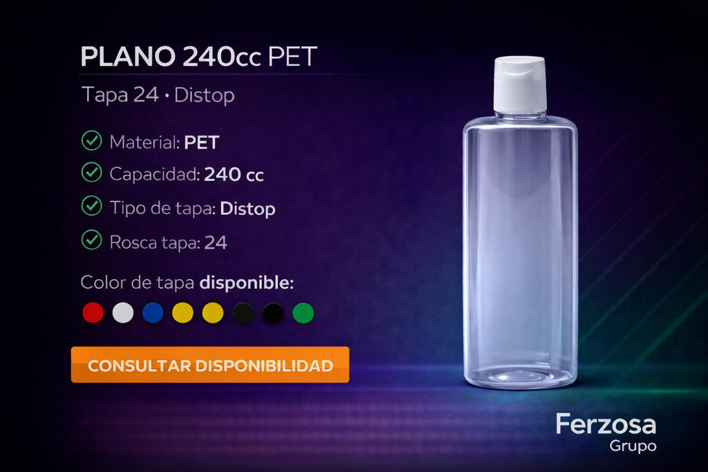 Envase Botella Plástica Plano PET 240ml/cc al Por Mayor Desde $0.49 x 300 Unidades